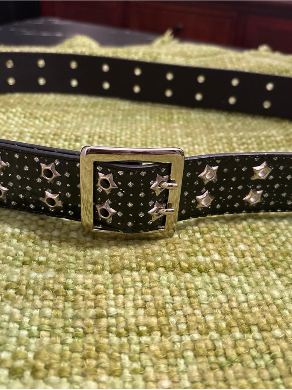 Source Unknown Black Leather Belt with Silver Star Studs